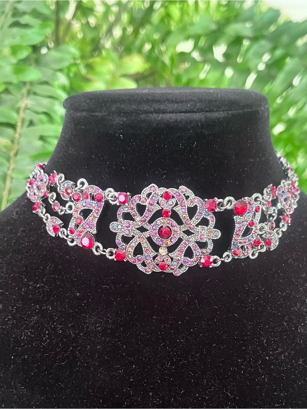 Red Rhinestone Statement Choker Necklace – Silver-Tone Crystal Filigree